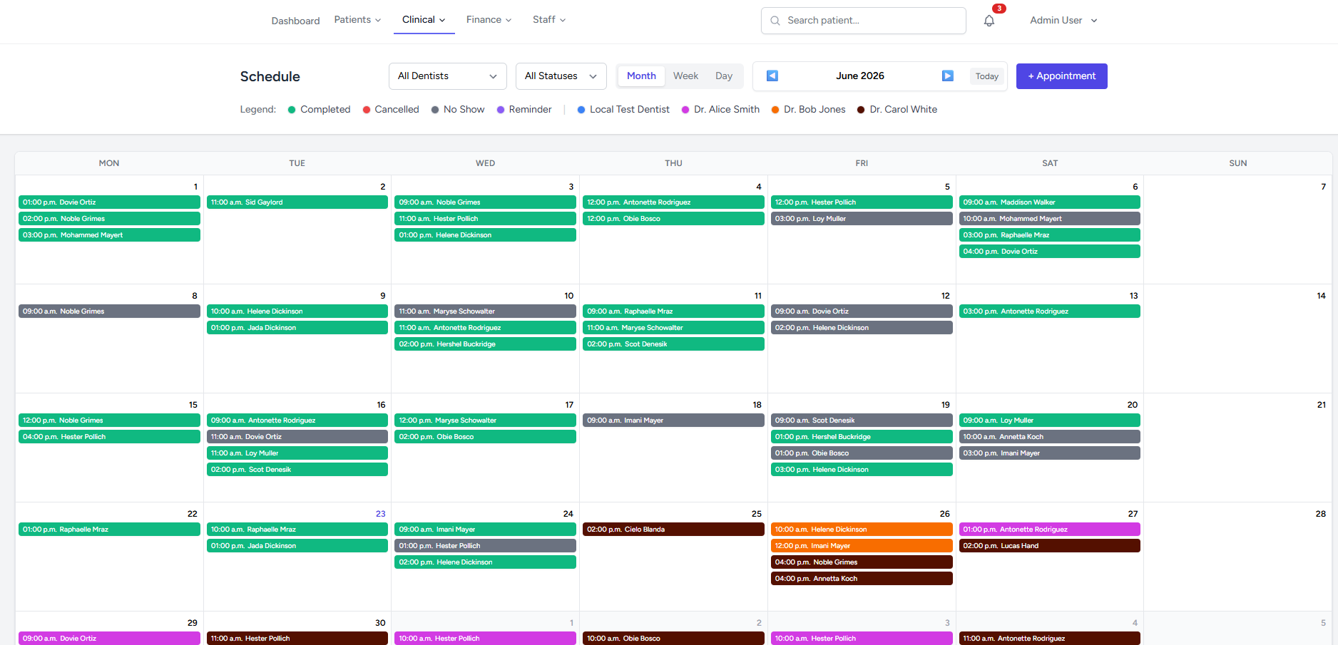 dent-os monthly appointment calendar showing scheduled patient visits
